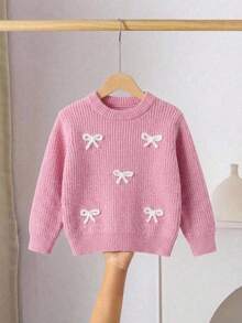SHEIN 女童圓領粉色毛衣，3D刺繡白色蝴蝶結，柔軟針織套頭上衣，可愛甜美簡約長袖，適合秋冬居家、外出、派對、拍照、戶外玩耍 - 粉色 - 查看 2