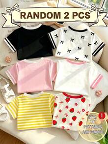 女童 T-shirt 上衣 2 件組，隨機櫻桃草莓水果圖案，黃紅蝴蝶結，休閒舒適百搭 - 白色 - 查看 2