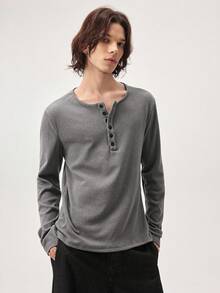 Vaulklash Men's Solid Color Simple Long Sleeve T-Shirt, Casual Daily Wear, Fall - Grey - View 5