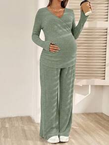 SHEIN 孕婦休閒純色上衣與長褲哺乳兩件套 秋季 - 綠色 - 查看 5
