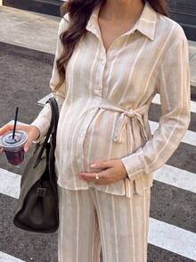 MaterniWear 孕婦休閒通勤條紋襯衫與長褲兩件套 秋季 - 彩色 - 查看 2