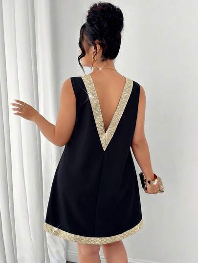 Elenzga Plus Size Elegant Summer Vacation Casual Sleeveless Round Neck Back V-Neck Dress, Suitable For Dating, Daily Outings, Beach Holiday Summer Dress