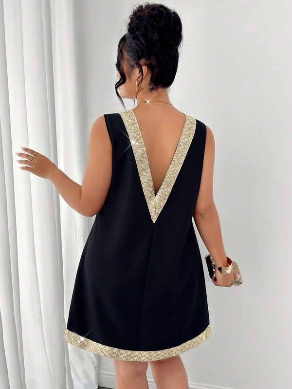 Elenzga Plus Size Elegant Summer Vacation Casual Sleeveless Round Neck Back V-Neck Dress, Suitable For Dating, Daily Outings, Beach Holiday Summer Dress
