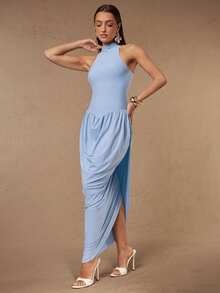 Silquee Women's Solid Color Pleated Sleeveless Fitted Elegant Dress - Lake Blue - View 6