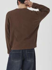 DAZY Spring/Autumn Long Sleeve Brown Waffle Knit 2 In 1 Grey Fabric Patchwork Men's T-Shirt - Brown - View 2