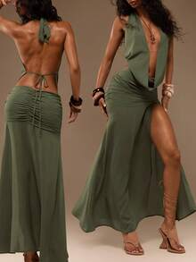 TypaGal Women's Solid Color Halter Neck Tie Ruched Hollow Out Slit Design Casual Tropical Sexy Party Beach Vacation Night Out Club Dress Olive Green Summer - Green - View 2