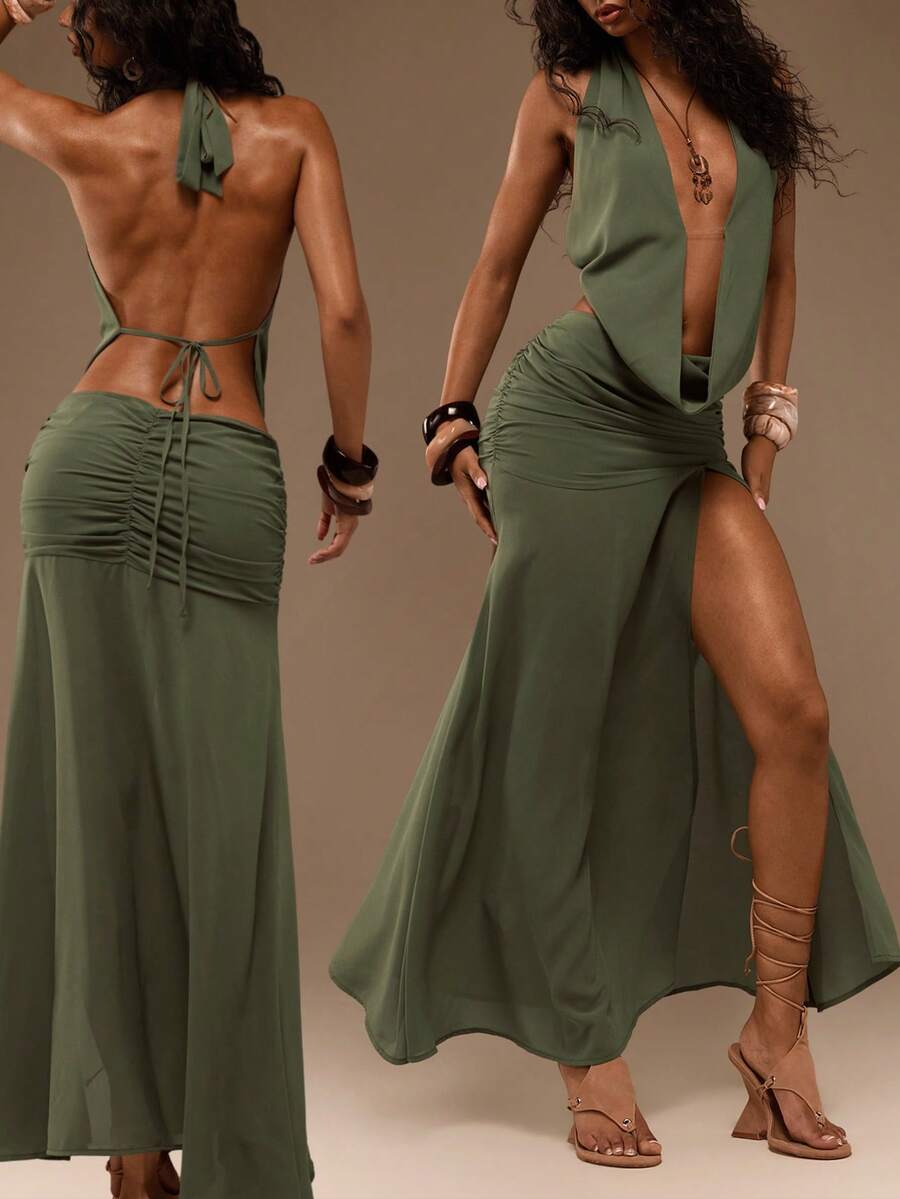 TypaGal Women's Solid Color Halter Neck Tie Ruched Hollow Out Slit Design Casual Tropical Sexy Party Beach Vacation Night Out Club Dress Olive Green Summer
