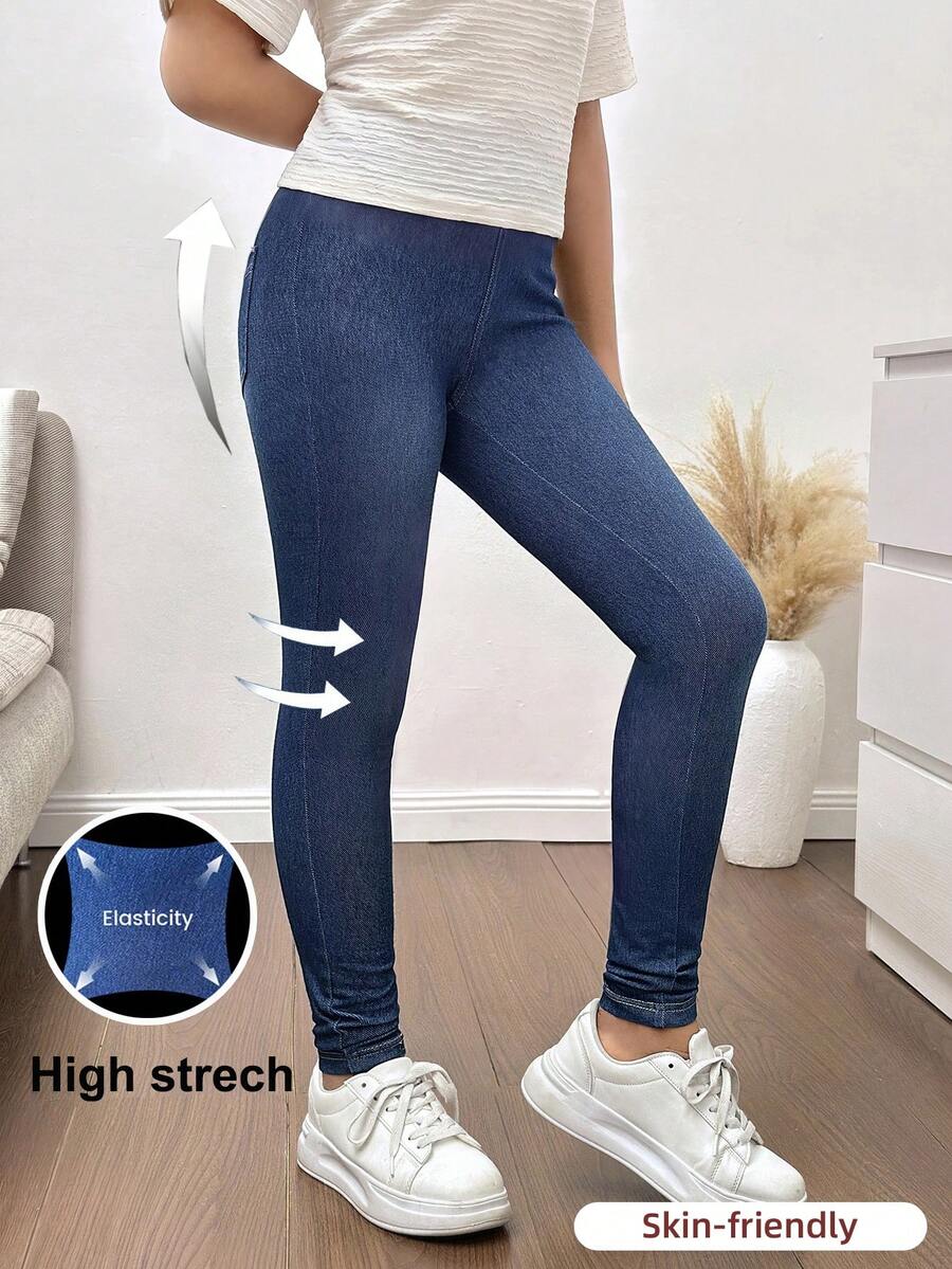 Tween Girl Fashion Casual Y2k Vintage Cool Street Returns To School College Elastic Knitted Patchwork Denim Dark Blue Stretch Tight Jeans For Soft Dailywear And Winter And Fall Rave Festival And At Home Streetwear School High Stretch Jeans - Blue - View 1