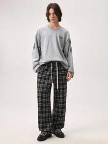 Vaulklash Loose Men's Plaid Print Drawstring Waist Pants Straight Leg Long Slacks Going Out, Fall Wide Leg - Black and White - View 7