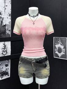 SHEIN Unity 亞文化街頭酷風復古印花女款圓領T恤 - 彩色 - 查看 1