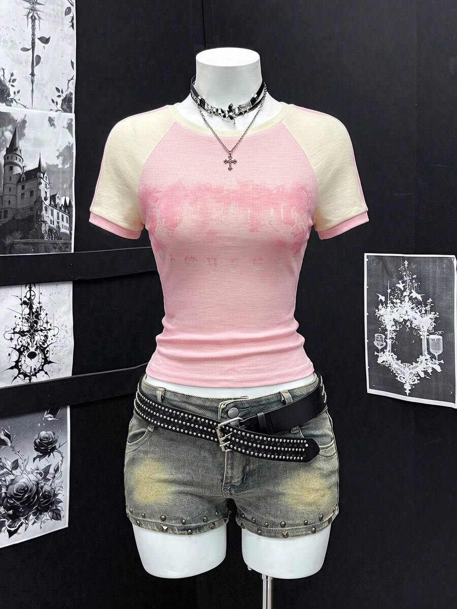 SHEIN Unity 亞文化街頭酷風復古印花女款圓領T恤 - 彩色 - 查看 1