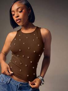 Denimoi Studded Round Neck Fashionable Sleeveless Top - Coffee Brown - View 1