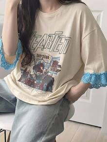 FRIFUL Women's Casual Loose Fit Letter Print Lace Patchwork Short Sleeve T-Shirt, Breathable Cotton Blend, Versatile For Spring/Summer Graphic Tees - Apricot - View 4