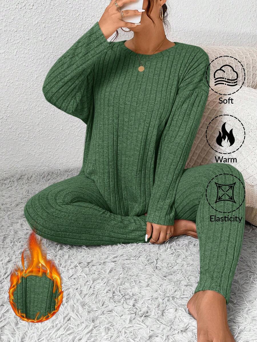 SHEIN Frenchy Plus Size Casual Solid Color Top And Pants 2 Pieces Set/Winter Fall - Green - View 1