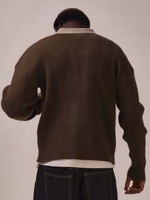 Musero Sweater Rajut Rib Lengan Panjang dengan Kerah Kontras dan Potongan Longgar, Model Bahu Jatuh, Cocok untuk Musim Semi dan Musim Panas - Coklat - View 4