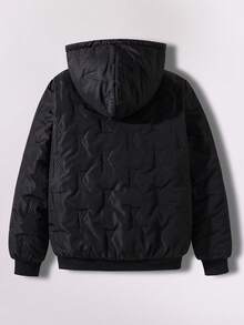 Teenager Boys Fleece Hooded Thickened Padded Zip-Up Padded Coat, Fashionable Minimalist Style For Daily, Outdoor And Commute Wear - Black - View 3