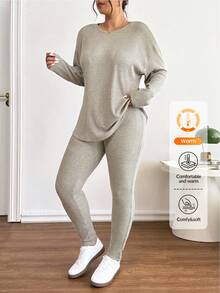 Lounesse Plus Size Women Plain Grey Ribbed Knit Set,Autumn Crew Neck Long Sleeve Top And Pants 2 Pieces,Smart Casual Everyday Lounge Comfy Sweater Sets Fall - Multicolor - View 9