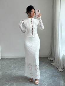 SHEIN Elenzya 2pcs Set Exquisite Hollow Lace Frog Button Top & High Waist Long Skirt - White - View 5