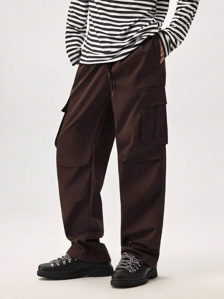 Men Flap Pocket Side Drawstring Waist Oversize Cargo Pants, Fall Wide Leg - Coffee Brown - View 1