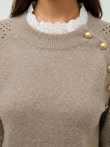 SHEIN Orluneo 全新花卉装饰圆领宽松休闲女式毛衣 - 卡其色 - 查看 6