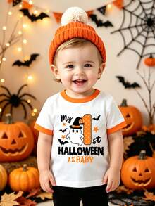 SHEIN Playful Pals 中性嬰兒 My 1st Halloween 可愛卡通幽靈圖案圓領對比色短袖T恤 休閒幼兒秋季節日上衣 0-3Y - 白色 - 查看 8