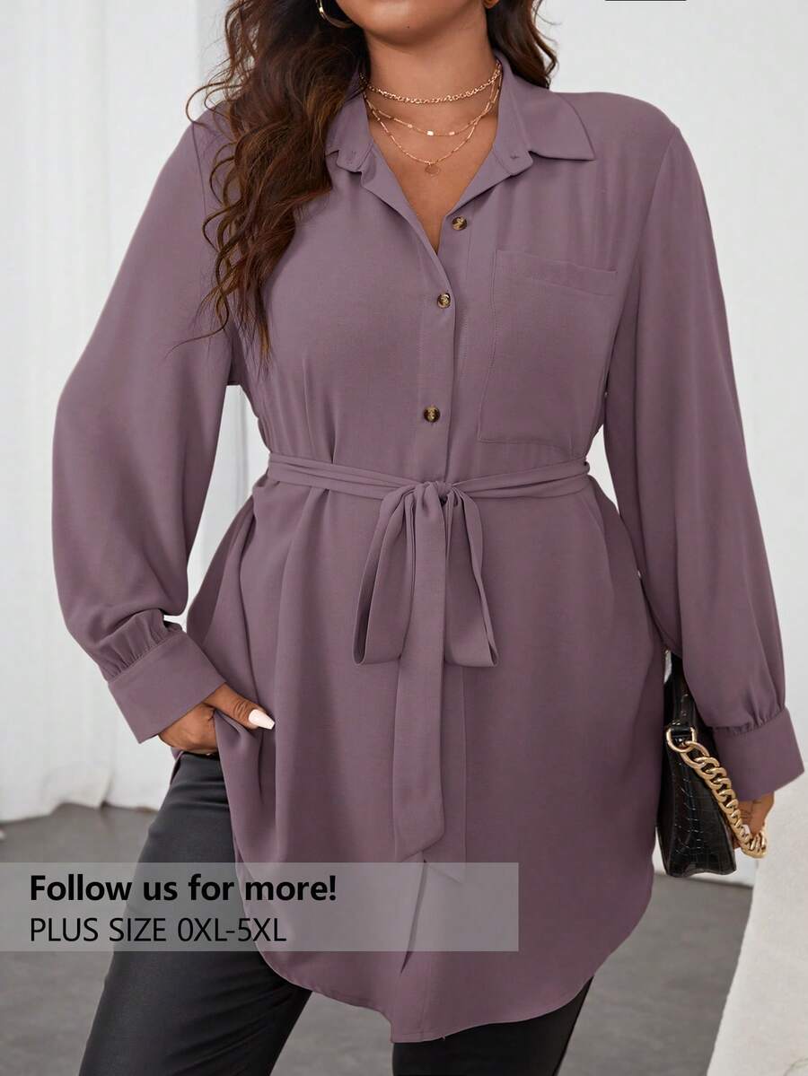 Firerie Plus Size Women's Solid Color Simple Casual Long Sleeve Blouse Fall - Purple - View 1