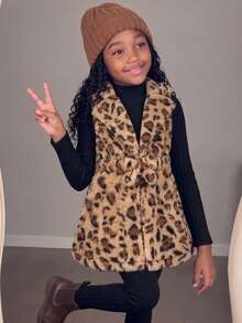 SHEIN 3pcs/Set Girls' Fall Winter Leopard Print Fleece Lapel Cinched Waist Vest Jacket Ribbed High Neck Long Sleeve Base Layer Ribbed Slim Fit 7th Birthday - Black - View 9