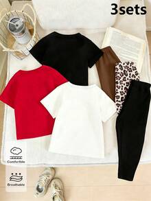 SHEIN Elladie kids 6件組春夏女童休閒時尚創意個性清新可愛格紋豹紋愛心蝴蝶圖案印花短袖T恤與內搭褲套裝，休閒度假風基本款，舒適日常穿著，適合春夏秋季女孩氛圍穿搭套裝 - 彩色 - 查看 2