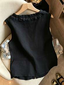 SHEIN Franclia 女款亞麻感V領荷葉邊無袖上衣背心，休閒法式度假風，夏季優雅日常通勤辦公室聚會早午餐茶會黑色 - 黑色 - 查看 2