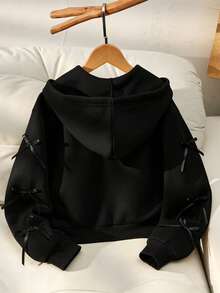 SHEIN 女童素色時尚蝴蝶結夾克，秋冬款，袖口蝴蝶結裝飾，青春活力風格，適合返校或日常戶外穿著 - 黑色 - 查看 2