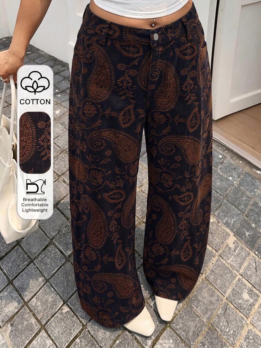 SHEIN EZwear 大尺碼女款佩斯利印花復古90年代牛仔褲,黑色夏季牛仔女郎度假穿搭,復古返校生日海灘風 - 米色 - 查看 1