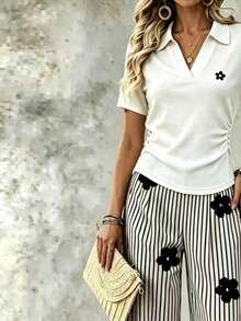 Resyla Setelan 2 Potong Wanita Kasual Motif Bunga dengan Detail Kerut di Samping dan Celana Pendek Motif Bunga Garis-garis dengan Pinggang Elastis, Musim Panas - MultiWarna - View 3