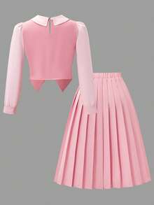 SHEIN 青少年女孩韓式時尚優雅甜美單排扣高級襯衫＋百褶裙休閒兩件套 秋冬款 - 彩色 - 查看 2