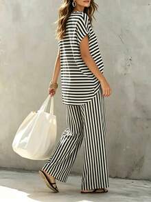 SHEIN Franclia 两件套女士优雅黑白条纹休闲夏季套装，度假/假日服装 - 黑與白 - 查看 3