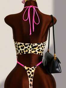 Swim SXY Sexy Leopard Print Cutout Spaghetti Strap One-Piece Swimsuit Beach Club Party Pink Leopard Print Summer - Multicolor - View 4
