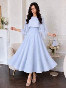 Modelyn Women's Dress, Elegant Textured Fabric Dress Cape Sleeve High Waist A Line Midi Dress For Women Summer Party Date Going Out Wedding Guest Graduation - Sky Blue - View 2