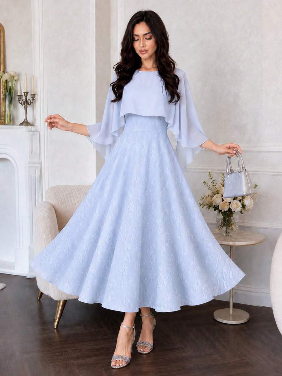 Modelyn Women's Dress, Elegant Textured Fabric Dress Cape Sleeve High Waist A Line Midi Dress For Women Summer Party Date Going Out Wedding Guest Graduation