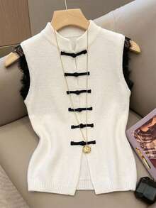 Firerie Women's New Black Lace Patchwork Frog Button Sleeveless Knit Top, Lace Patchwork Sweater, New Chinese Style Frog Button Sleeveless Vest Knitwear, Vintage Court Style Top, Retro Elegant Top, Suitable For Commuting, Dating, Graduation Ceremony, Performance, Concert, Work, Back To School, Women's Birthday And Other Occasions - White - View 8