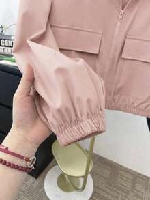 SHEIN 青少年女孩編織純色粉色貼袋短版寬鬆休閒連帽外套，返校休閒外套 - 藕粉色 - 查看 5