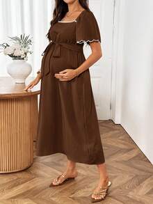 SHEIN Maternity Casual Vacation Belted Dress - Brown - View 6