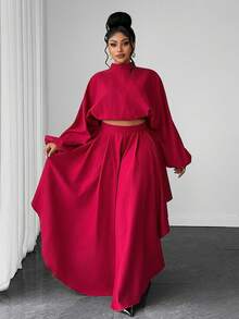 Maweii Set Pakaian Wanita Ukuran Besar Atasan Kerah Tegak Warna Polos dan Celana Panjang Modis untuk Musim Gugur - Burgundy - View 3