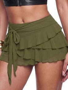 SHEIN ICON Women's Multi-Layer Ruffle Trim Low Rise Y2K Mini Black Skirt - Army Green - View 3