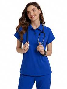 TaskEZ Royal Blue Drop Shoulder Short Sleeve POLO Collar Half-Placket Front Pocket Convenient Comfortable Scrub Uniform Top - Royal Blue - View 7
