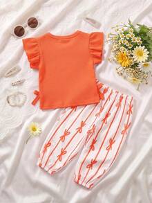 SHEIN Vintaside Kids 2件組女嬰可愛夏季度假紅色與白色幼兒嬰兒女童波西米亞風羅紋橘色荷葉袖蝴蝶結緞帶套裝 - 橘色 - 查看 2