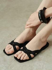 Styleloop Sandalias planas con hebilla para mujer, estilo de verano - Negro - Ver 3