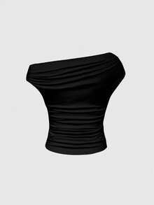 ROMWE Goth Dark Punk Vintage Tableware Skull Horror Mysterious Asymmetrical Shoulder Women's T-Shirt - Black - View 2