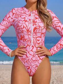 Swim SPRTY Women's Floral Print Long Sleeve Rash Guard Swimsuit For Vacation For Summer - Pink - View 4