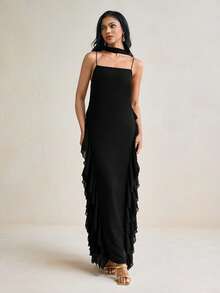 SHEIN Black Side Ruffles Chiffon Spaghetti Straps Maxi Dress With Scarf Boho Elegant Vacation Summer Party Night Dinner - Black - View 6
