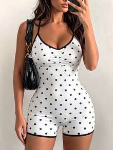SHEIN Sports Ruched Halter Polka Dot Sports Bodysuit Contrast Trim Romper For Fitness Cycling Gym Workout - Multicolor - View 2