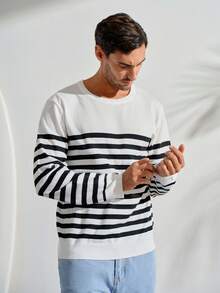 Men Striped Pattern Graphic Color Block Pullover Casual Long Sleeve Sweater, For Going Out, Friends, Fall Winter - Black and White - View 5